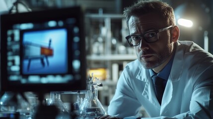 A scientist or researcher looks at a computer screen with focus on the monitor