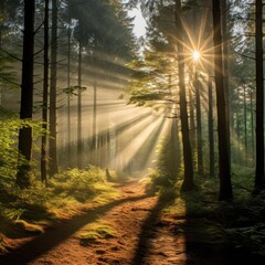Sunbeam between large trees in a quiet fir in the morning. AI generated