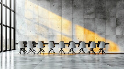 Naklejka premium Modern Concrete Office Interior Design: Sunlight Streaming Through Large Windows, Illuminating a Minimalist Conference Room with Sleek Chairs and Table
