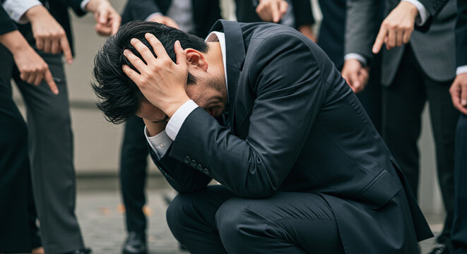落ち込むビジネスマン男性｜取り囲む人達