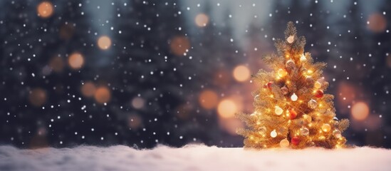 Fototapeta premium Christmas tree decorations with snow, blurred, sparking, glowing winter background