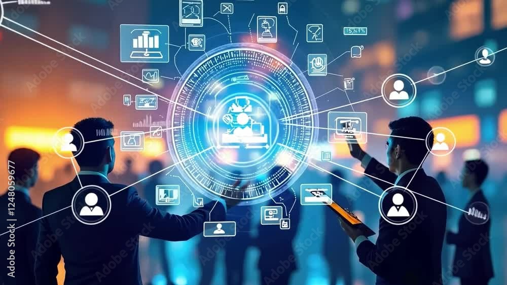 Poster connecting the dots: business professionals stand illuminated against a backdrop of data points and 