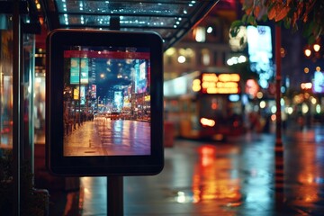 A busy city street at night with a bus stop in the foreground