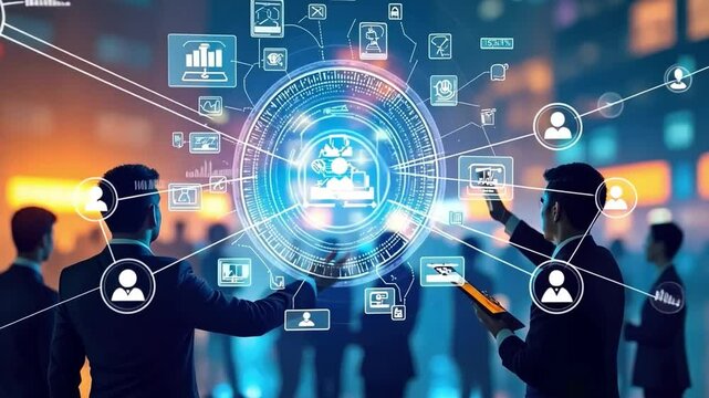 Connecting the Dots: Business professionals stand illuminated against a backdrop of data points and connection lines, symbolizing the intricate web of relationships in the modern world.