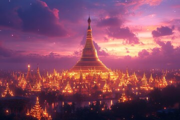 Golden Pagoda sunset, Myanmar, illuminated temples, travel
