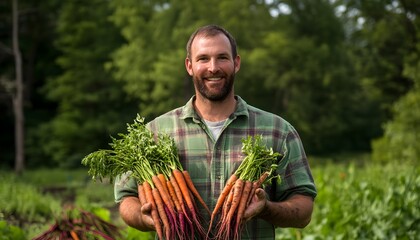 Smiling farmer proudly displays freshly harvested bunches of carrots