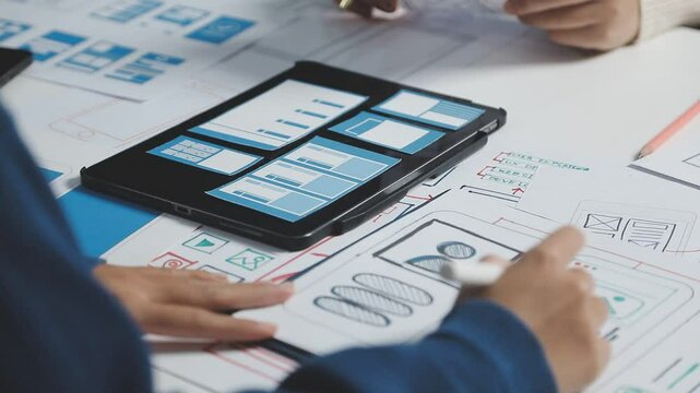 Close up top view Asian ux developer and ui designer hand brainstorming about mobile app interface wireframe design on table color code at modern office.Creative digital development agency