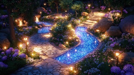 Fototapeta premium Illuminated Garden Path, Night, Stream, Flowers, Relaxation