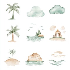 Obraz premium Watercolor Illustrations of Tropical Elements and Coastal Scenery