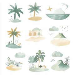 Fototapeta premium Tropical Illustrations of Plants, Landscapes, and Nature Elements