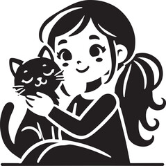 A Girl with a Cat icon silhouette vector with white background