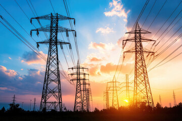 Fototapeta premium High Voltage Power Lines at Sunset with Colorful Sky