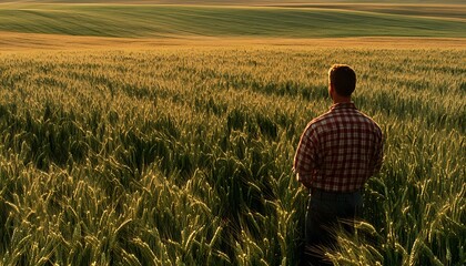 Fototapeta premium Man standing in a wheat field looking into distance