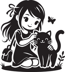 A Girl with a Cat icon silhouette vector with white background