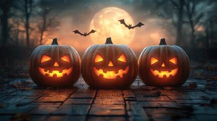 Three illuminated jack-o'-lanterns on a wooden surface with bats and a full moon in the background.