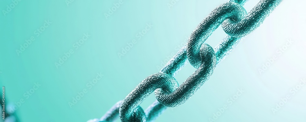 Poster close-up of a textured chain against a soft turquoise background.