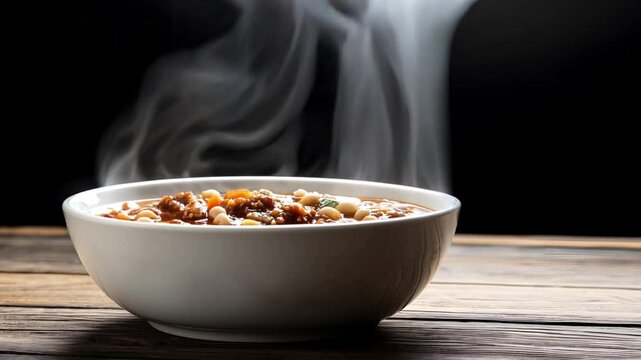 A steaming bowl of hearty stew sits on a wooden table, inviting warmth and comfort.