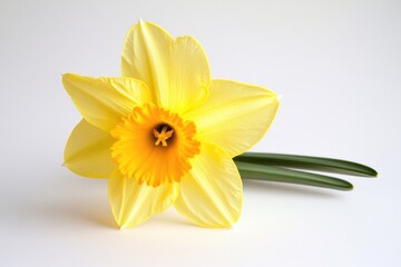 A bright and cheerful single yellow daffodil on a white background, perfect for spring or Easter themed designs