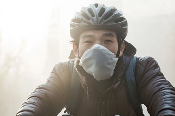 A person rides a bicycle while wearing a face mask, great for pandemic-themed images or public health awareness campaigns