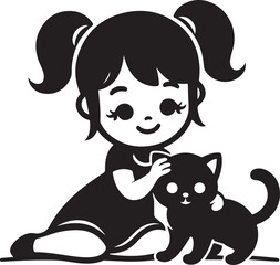 A Girl with a Cat icon silhouette vector with white background
