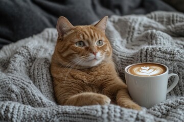 A lazy cat lounging next to a cup of coffee