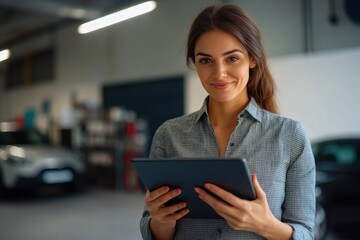 Fototapeta premium A woman holds a tablet computer in a garage setting, possibly working or browsing