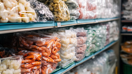 Fototapeta premium Frozen meat product in plastic food wrap vector. Raw steak and fish in polyethylene bag. Shrimp package container for supermarket refrigeration set. Isolated packaging tray to freeze grocery piece