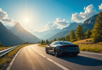 A sleek luxury car cruises along a winding mountain road, surrounded by lush greenery, towering peaks, and a bright sunny sky.