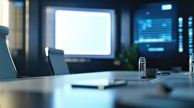 A typical conference room setup with a table and chairs
