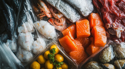 Frozen meat product in plastic food wrap vector. Raw steak and fish in polyethylene bag. Shrimp package container for supermarket refrigeration set. Isolated packaging tray to freeze grocery piece