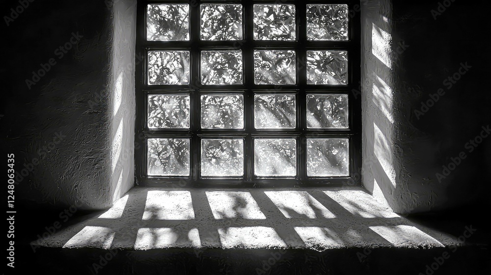 Poster sunlit window: a black and white architectural study in light and shadow. a captivating monochrome i