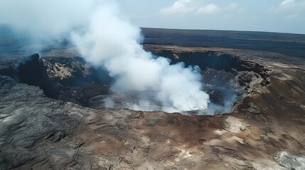 Fototapeta premium Volcanic landscape with smoke, active volcano emitting steam, rugged terrain surrounded by lush greenery, natural wonder.