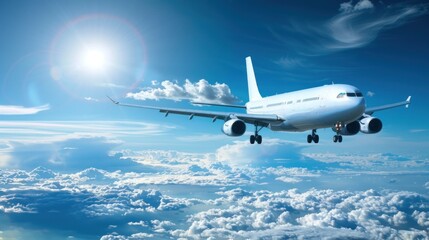 Obraz premium Airplane with sunlight an edge of blue sky with clouds background. AI generated image