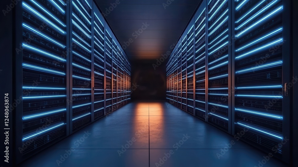 Aufkleber futuristic data center corridor illuminated by blue lights and rows of servers.