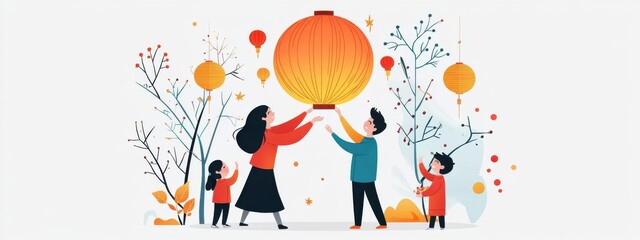 Obraz premium Family Celebrating Festival with Lanterns in Colorful Autumn Scene, Joyful Moments Together