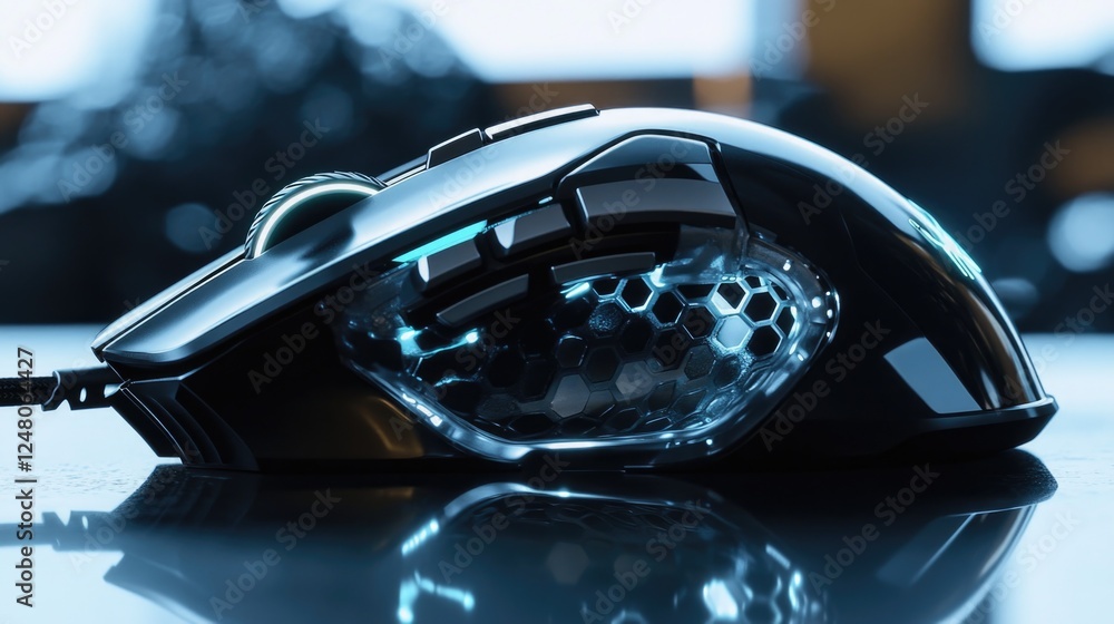 Poster a close-up view of a computer mouse on a desk, ideal for use in technology-related contexts