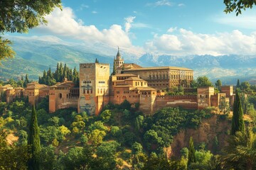 Fototapeta premium Alhambra Palace, Spain Sunny day view, mountains backdrop, travel tourism