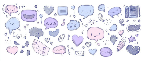 Hand-Drawn Chat Bubbles, Hearts, and Stars in Soft Colors