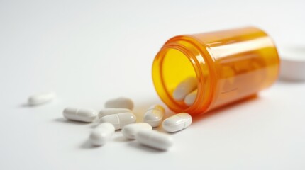 A close-up of a bottle of antihistamine pills with a few capsules spilled out, set against a clean white background