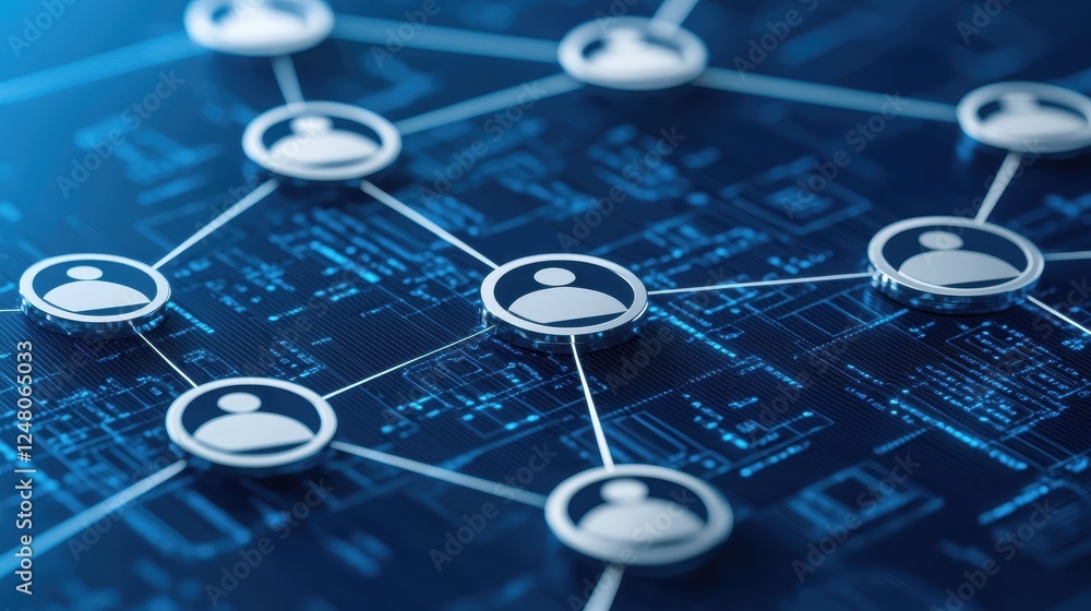 Poster Digital network connections with user icons on a tech background.