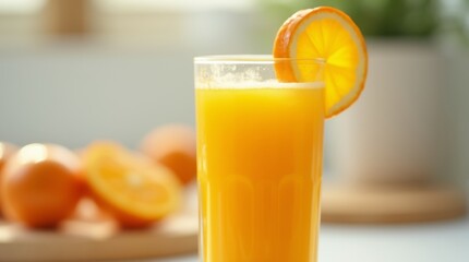 A close-up of a glass of fresh orange juice with a slice of orange on the rim