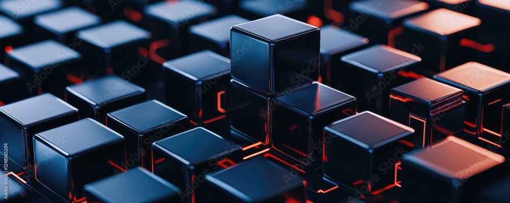 Poster Abstract arrangement of black cubes with glowing edges in a digital space.