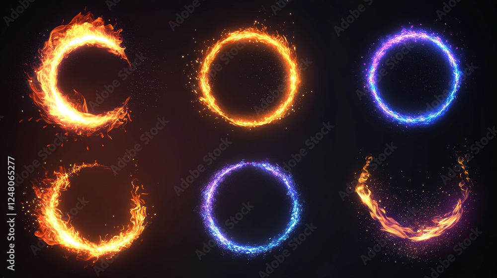Poster fire circle portal with flame and sparkles loading progress steps. realistic vector illustration set