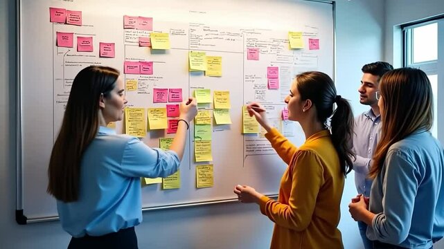 Brainstorming Session: A collaborative team of professionals stands engaged in a creative discussion around a whiteboard covered in colorful sticky notes. They brainstorm ideas