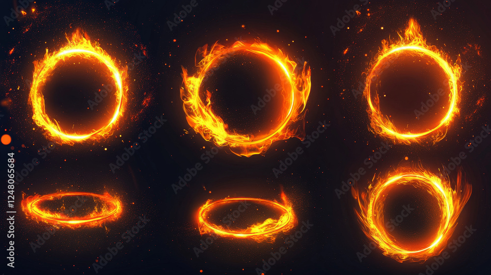 Poster fire circle portal with flame and sparkles loading progress steps. realistic vector illustration set