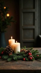 Dark brown wooden branches on a rustic table with candles, pinecones, and holly, dark brown, table