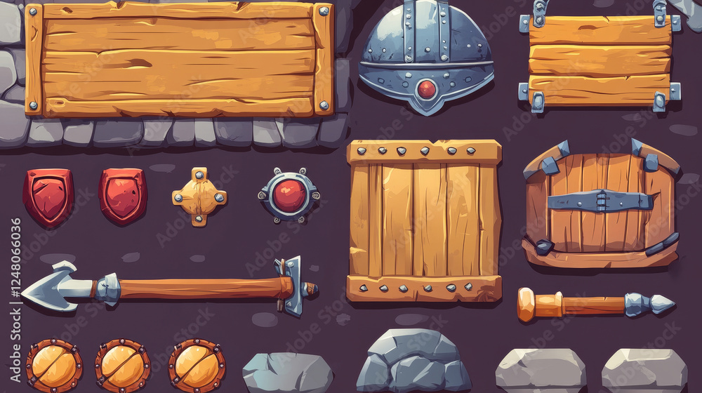 Poster game menu frame with buttons, medieval helmet, stone wall and wooden board. vector cartoon set of 2d