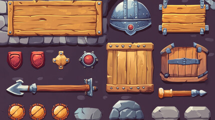 Naklejka premium Game menu frame with buttons, medieval helmet, stone wall and wooden board. Vector cartoon set of 2d ui elements for fantasy mobile or computer game, menu and exit banners