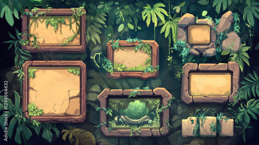 Poster jungle stone frame for cartoon game ui vector. rock board and button icon element for aztec app desi