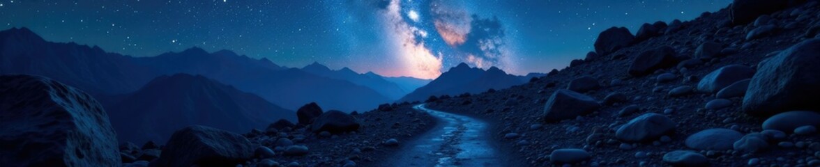 Fototapeta premium A winding mountain path leads through the darkness under the starry night sky with the Milky Way's soft light illuminating the way, rocks, mountains, darkness